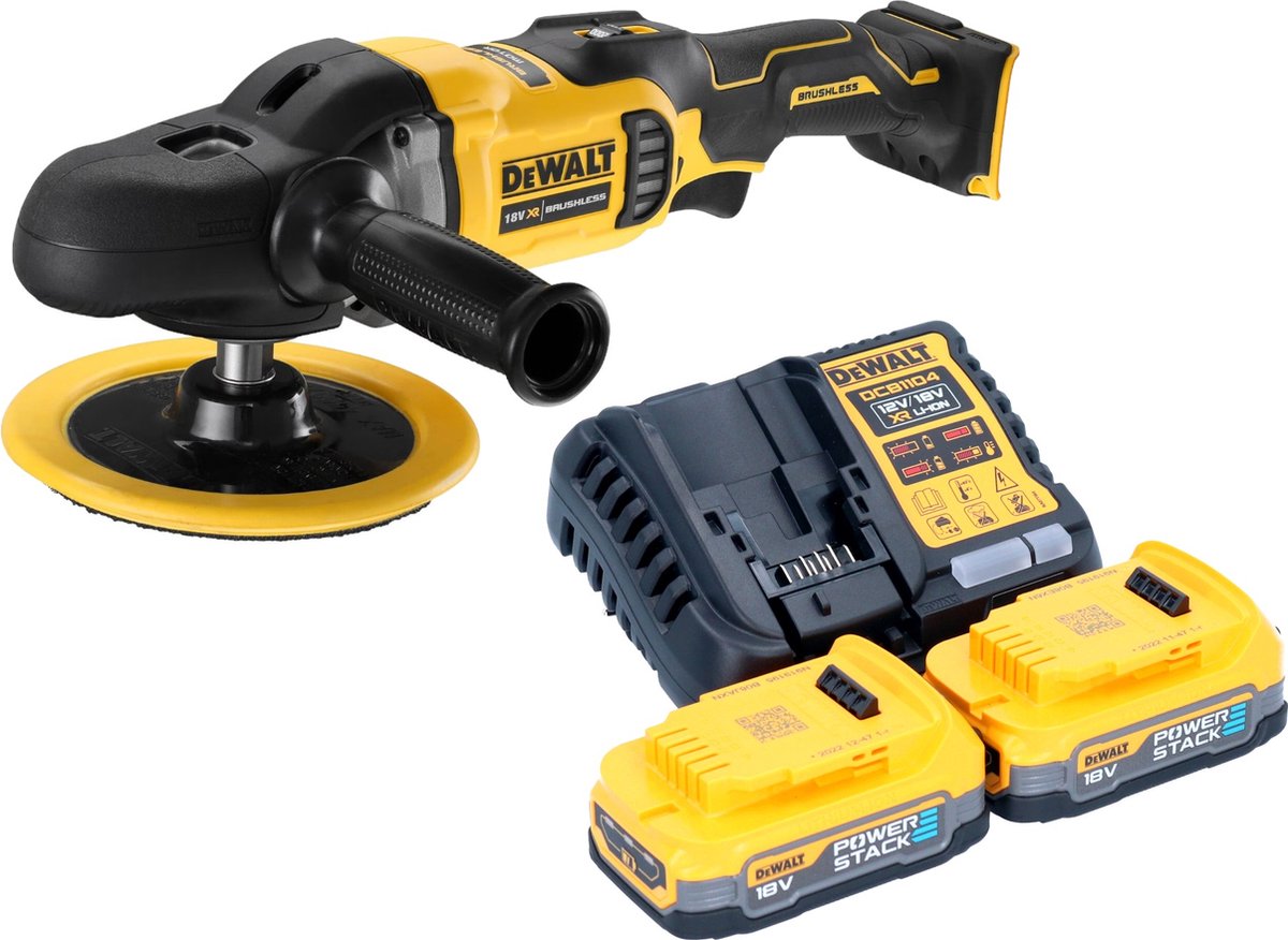 DeWalt DCM 849 E2 accu-excentrische polijstmachine 18 V 180 mm borstelloos + 2x Powerstack accu 1,7 Ah + lader