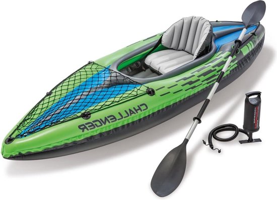 Opblaasboot Challenger K1 Kayak 1 Man Inflatable Canoe with Aluminum Oars and Hand Pump Green-Blue – Waterbestendig en Duurzaam