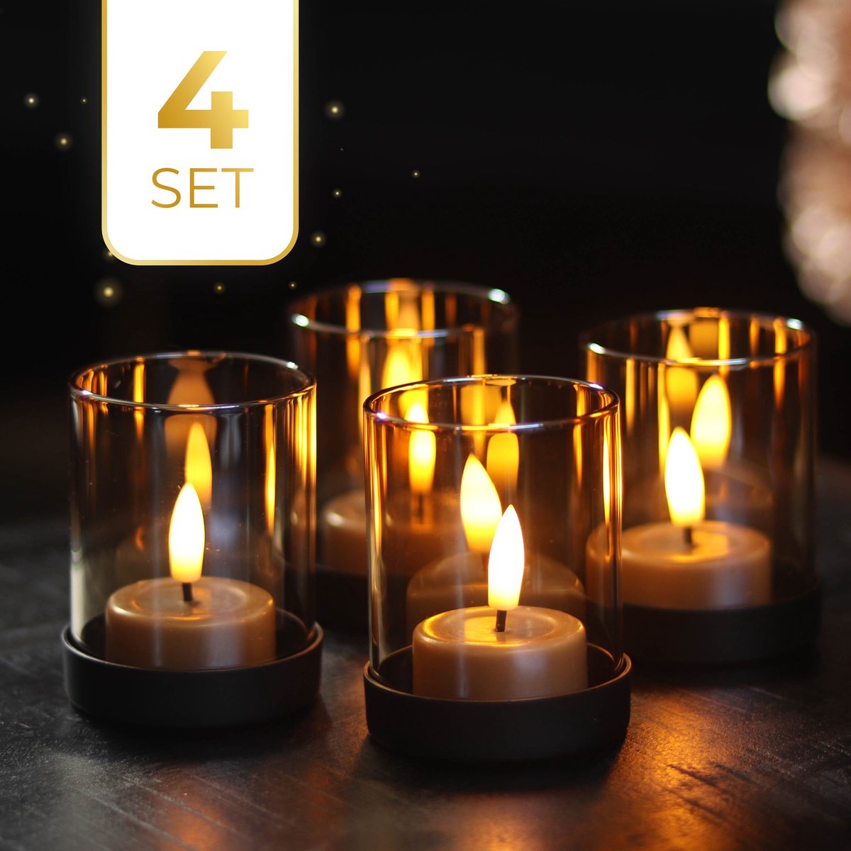 KENN® Industriële Waxinelichthouders - Set van 4 - Zand/Goud Glas - Zwarte Metalen Basis - Theelichthouders - Kaarsenhouders - Luxe Uitstraling - Voor Binnen & Buiten - Lichtermeer - Voor LED Kaarsen & Waxinelichtjes