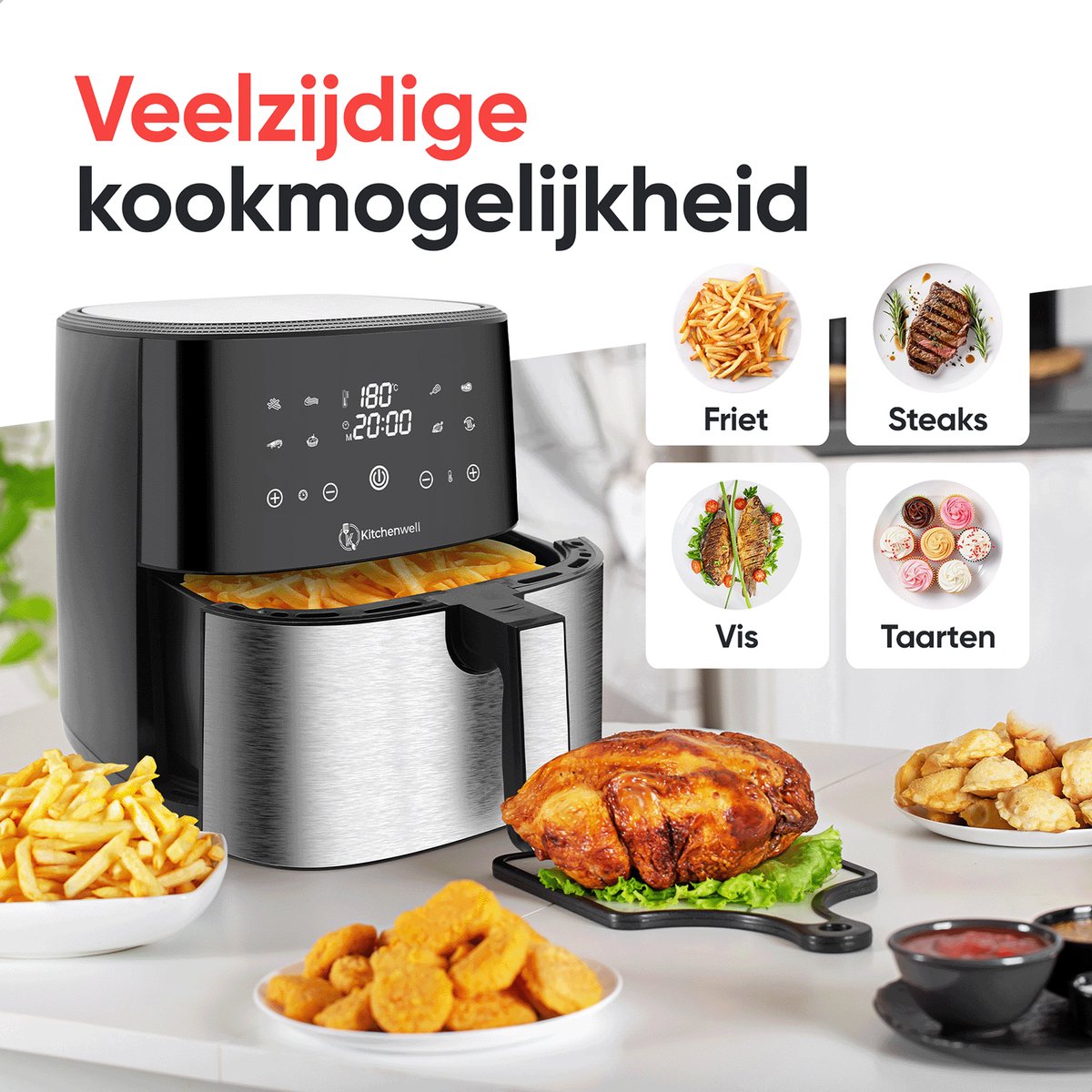 Afbeelding 3 van Kitchenwell AirFryer - Heteluchtfriteuse - 8L Inhoud - 80-200℃ - Timer - 1800W - Zwart