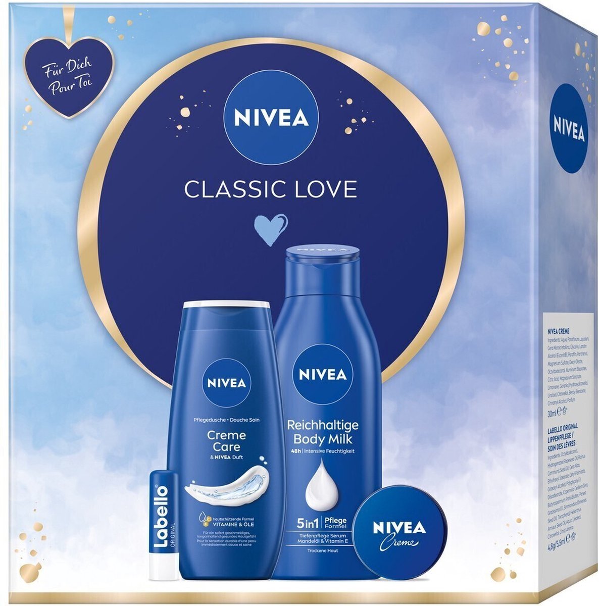 Goedkoopste NIVEA Classic Love Gift Set Verzorgingsset met hydraterende verzorgingsproducten Gift Box met douchemiddel-Labello-Body Milk en NIVEA-crème