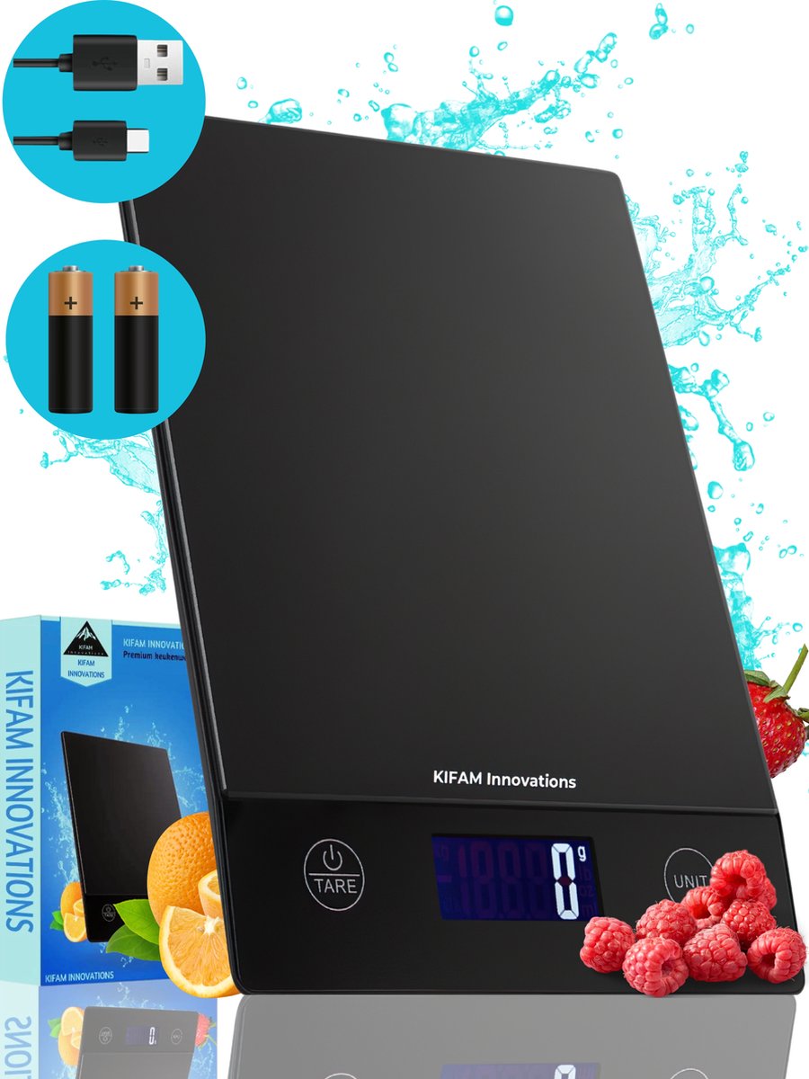 KIFAM Innovations Keukenweegschaal - keukenweegschaal digitaal - precisie weegschaal - Weegschaal Keuken - USB Oplaadbaar - 1gr tot 15kg – Tarra Functie - Zwart