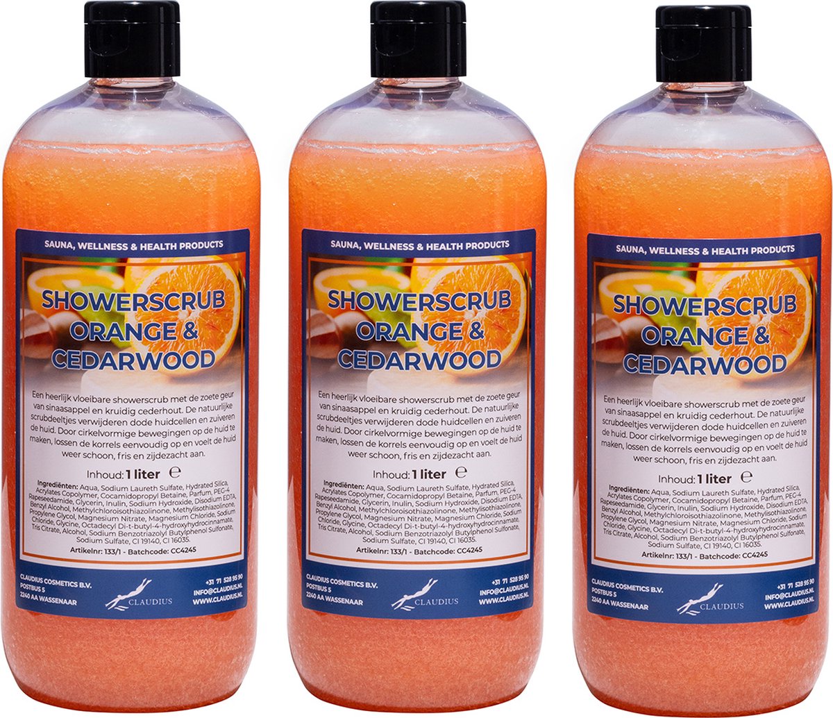 Goedkoopste Showerscrub Sweet Orange & Cedarwood 1 liter - set van 3 stuks - verfrissende scrubgel - exfoliërende bodyscrub