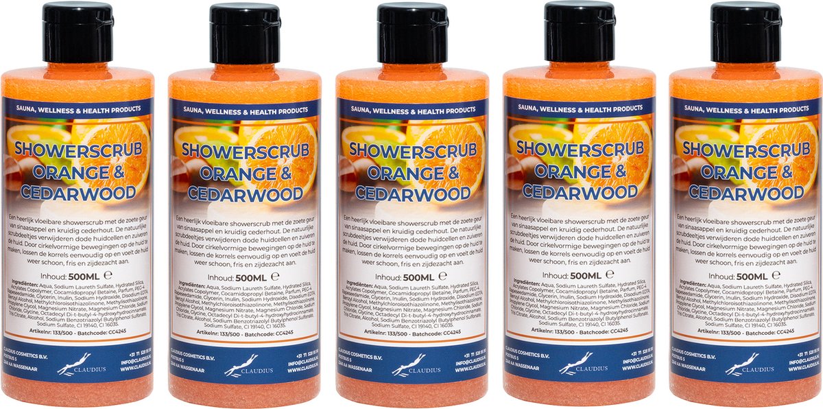 Goedkoopste Showerscrub Sweet Orange & Cedarwood 500 ml - set van 5 stuks - verfrissende scrubgel - exfoliërende bodyscrub
