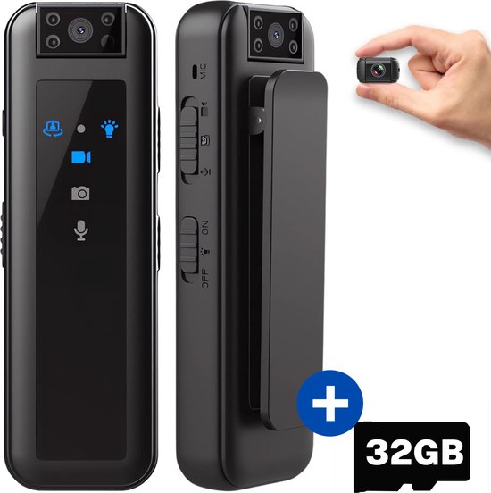 Bodycam - FullHD 1080P - Spy Cam - Spy Camera - Verborgen Camera - Incl. 32GB Micro SD-Kaart - Bewegingsdetectie - 180º Draaibare Lens - LED Display + Handleiding en USB stekker