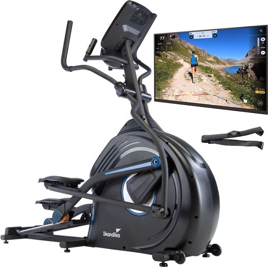 Foto: Skandika cardiocross conqueror crosstrainer hometrainer 31 programma s 32 niveaus premium elliptische trainer 25 kg vliegwielmassa app compatibel kinomap 4 profielen hartslagmeting hoogte instelling max 150 kg zwart blauw