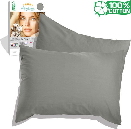 taie d'oreiller Katoen - 60x70 (lot de 2) - Grijs - Taie d'oreiller antibactérienne - Taie d'oreiller coussin - Protège oreiller coton - taie d'oreiller - Protège oreiller - Taies d'oreiller