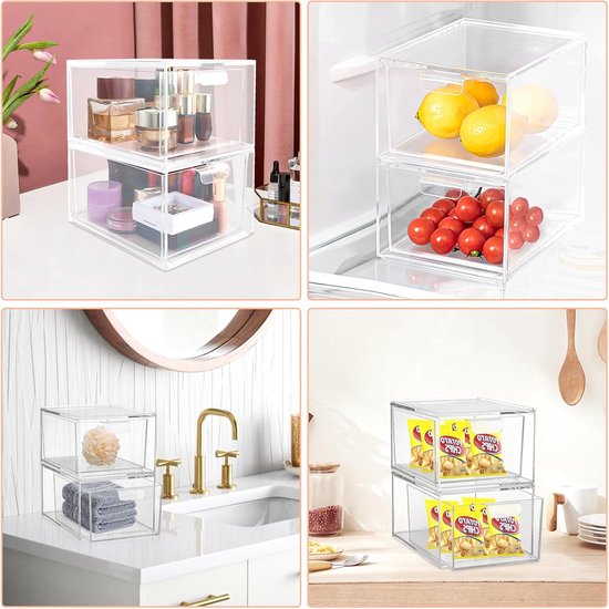 2-Pack Stapelbare Cosmetische Ppberglades, Doorzichtige Acryl Make-up Opberger, Plastic Opbergbakken, Ijdelheidscontainer voor Badkamer Aanrecht, Slaapkamer Dressoir, Keukenkasten