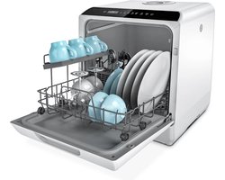 Mini Afwasmachine Tafelmodel - 43 cm Breed - Gebruik Met en Zonder Wateraansluiting - Ruimte voor 4 Besteksets - Ideaal voor Kamperen - Energieklasse F - Wit