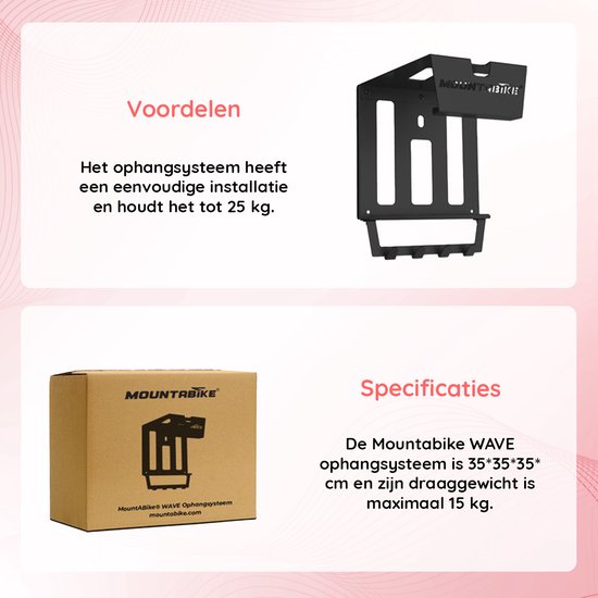 Voordelen en specificaties. Zwarte wandbeugel voor fietsen met haken. Verpakking met Mountabike logo.