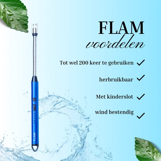 Blauwe elektrische "FLAM" aansteker met tekst die voordelen aangeeft: tot 200 keer te gebruiken, herbruikbaar, met kinderslot, windbestendig.