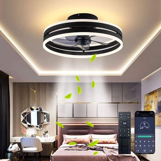 Foto: Plafonniere met ventilator plafondventilator zeer stil plafondventilator met verlichting luxe uitstraling bediening via mobiel en afstandsbediening