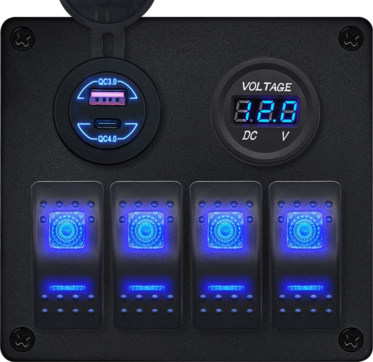 ProRide Schakelpaneel 12V voor Auto/Boot - USB Lader 2 Poorten met Voltmeter- QC4.0 - 4 Schakelaars