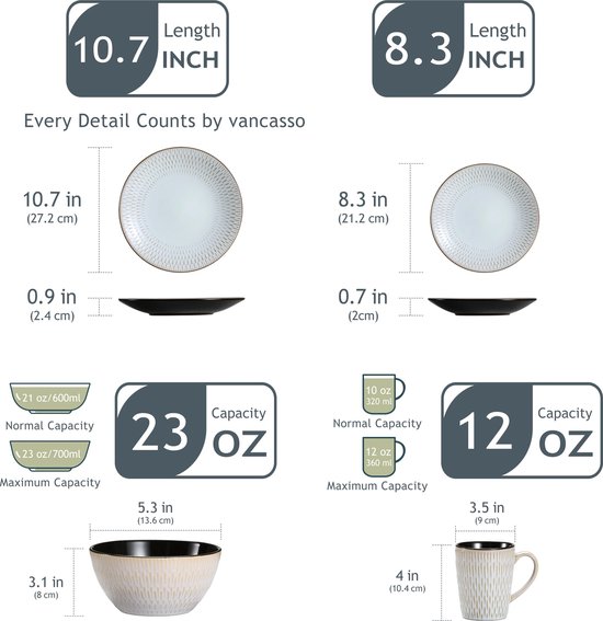 Roroa Luxe Tableware Set - Service de table pour 8 personnes - 32 pièces - Assiettes - Tasses - Soucoupe - Rond - Porcelaine - Services de table - Motif Grijs