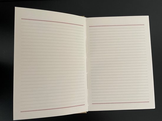 Open notitieboek met crèmekleurige, gelinieerde pagina's en rode lijnen aan de boven- en onderkant.