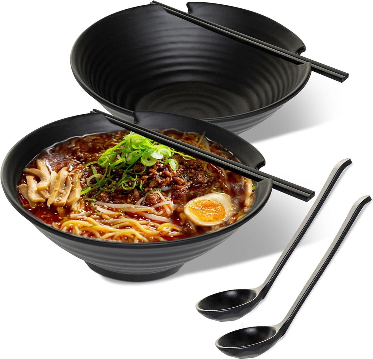 Ramen Bowl Set van 2 Elegante Japanse 1000 ml Ramen Bowls vaatwasmachinebestendig duurzame plastic noedelkom set voor soep-salade-rijst-pasta gerechten met bijpassende lepels en eetstokjes (zwart)