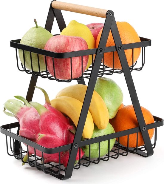 Corbeille à Fruits 2 Niveaux En Métal - 37x28x15 Cm, Design Spacieux Pour Comptoir De Cuisine, Rangement Facile - 11