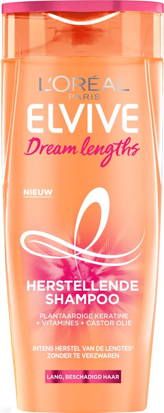 Oranje fles L'Oréal Elvive Dream Lengths shampoo met roze dop. Tekst: 'Nieuw', 'Herstellende Shampoo', 'Plantaardige Keratine + Vitaminen + Castor Olie'.