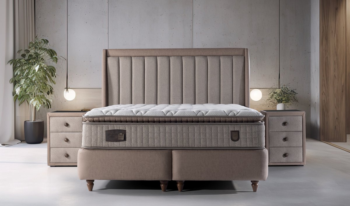 Nessa® Opbergruimte Boxspring Cappadocia - 160x200 - Zandkleur - Inclusief Orthopedisch Amerikaans Matras - Inclusief Topper