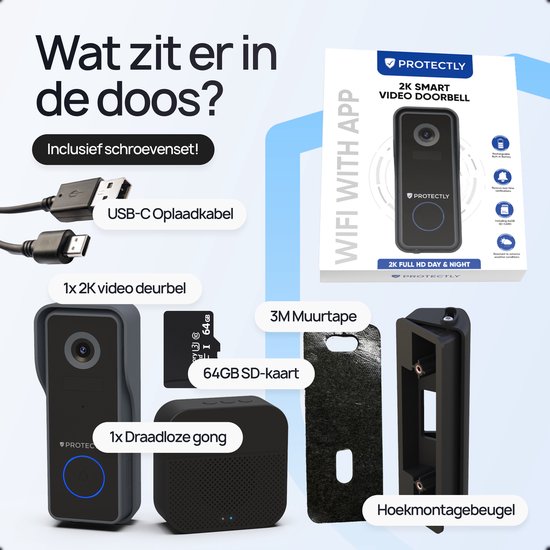 Sonnette vidéo intelligente sans fil Protectly® avec caméra - Sonnette sans fil - 2K Ultra HD - Geen abonnement - Incl. carillon sans fil - Incl. Carte SD de 64 Go