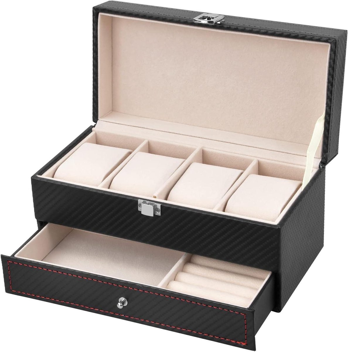Horlogebox voor 4 horloges - zwart - heren en dames - sieradenopberger.