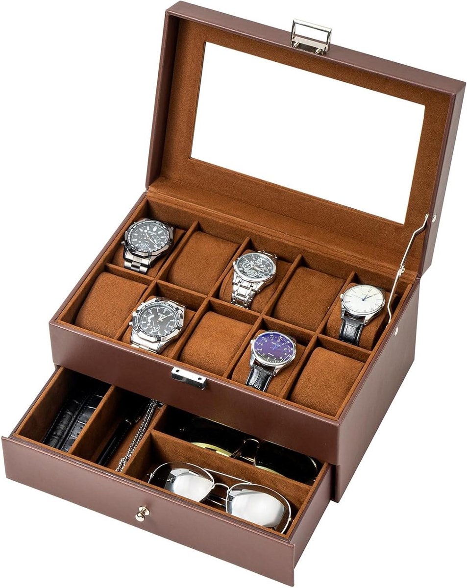 Horlogedoos met glazen deksel - 10 vakken en 1 lade - bruin - voor horloges, ringen, armbanden