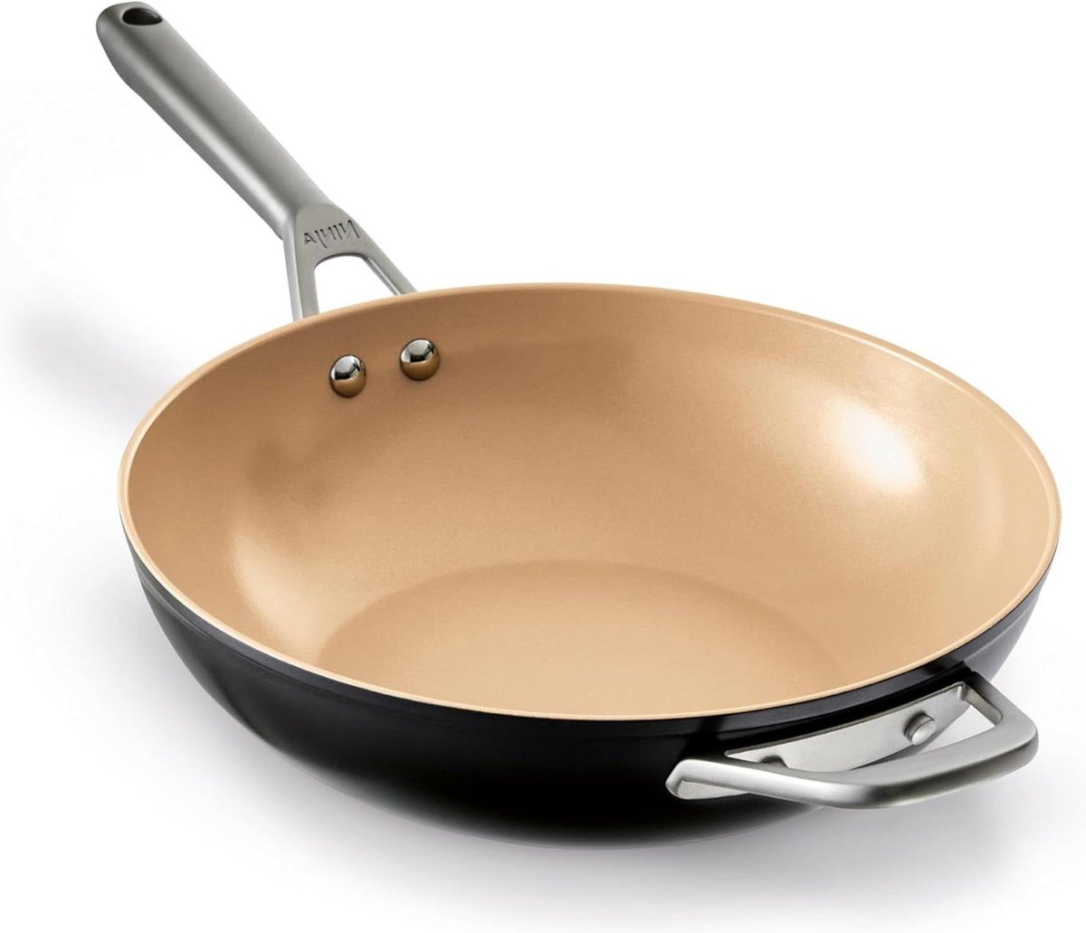 Keramische wokpan 28 cm antiaanbaklaag inductiegeschikt roestvrijstalen handgreep ovenbestendig tot 285°C terracotta grijs