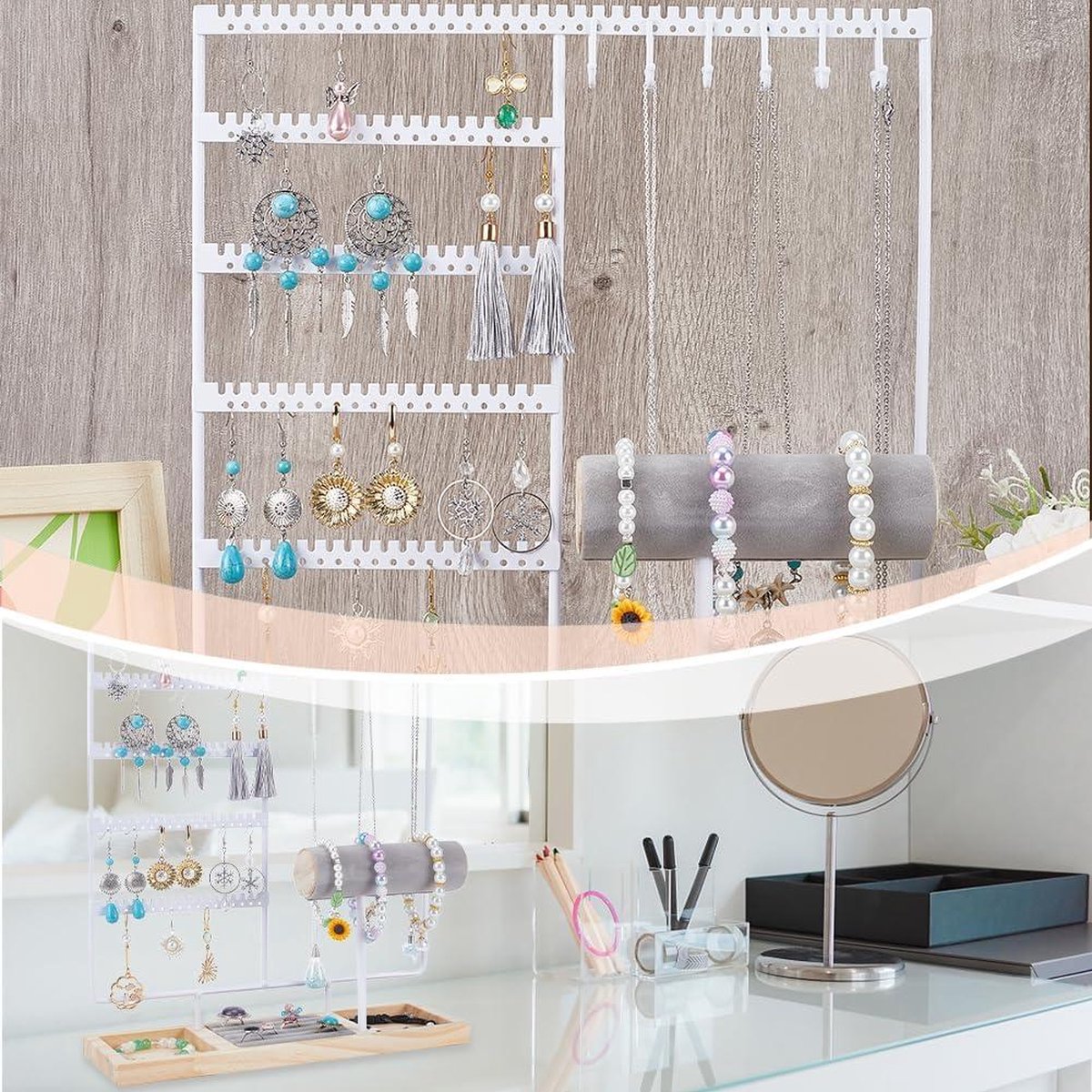 5-Tier Witte Sieraden Organizer Stand met 102 Gaten - Oor Stud Houder - Houten Dienblad voor Kettingen, Armbanden, Oorbellen en Ringen - Opslag voor Retail Show — cadeau in Sieraden - foto 2