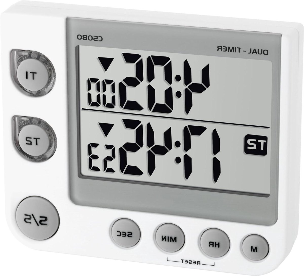 Digitale Kookwekker Elektronische Dual Timer en Stopwatch Memory Functie 3 Volumenniveaus Magneet Standaard en Ophangbeugel Wit 91 x 21 (30) x 76 mm