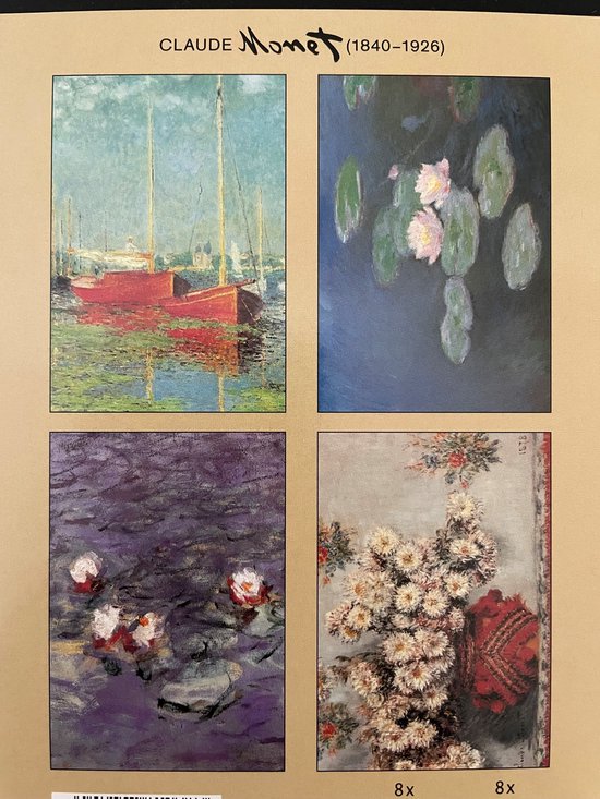 Vier schilderijen van Claude Monet: rode boten, waterlelies en chrysanten.