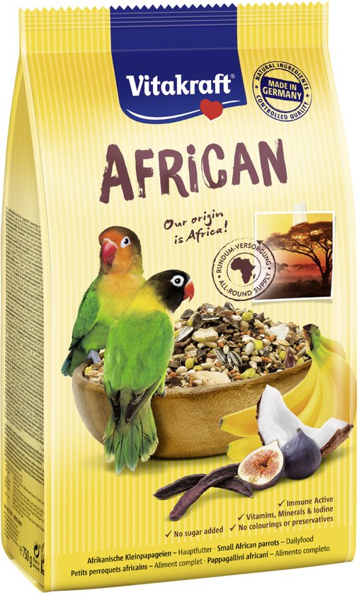 Gele verpakking Vitakraft 'African' met twee agapornissen, bananen, vijgen en een schaal met vogelvoer.