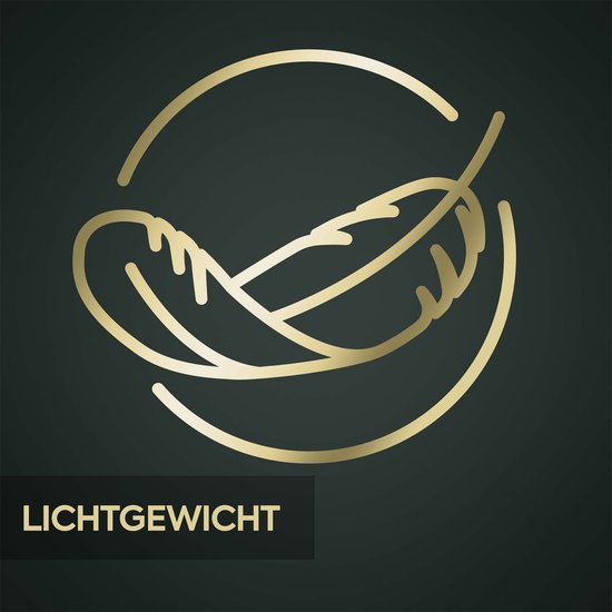 Gouden veer-icoon met tekst "LICHTGEWICHT".
