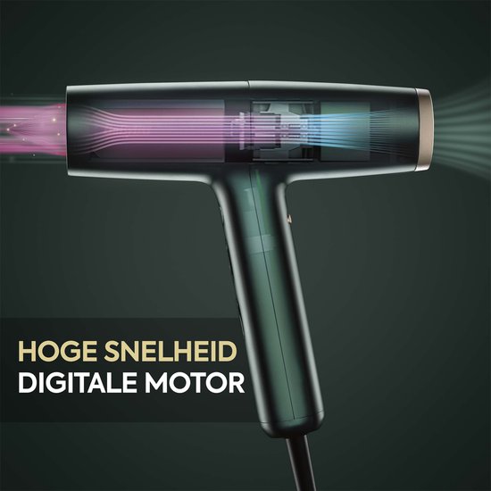 Close-up van de groene BaByliss föhn met een smal stylingmondstuk. Met "SMALLE BLAAASMOND VOOR LANGER EN DIKKER HAAR" tekst.