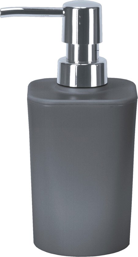 Grijze zeeppompdispenser met chromen pompje.