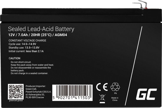 Green Cell 12V 7Ah (6.3mm) 7000mAh VRLA AGM accu