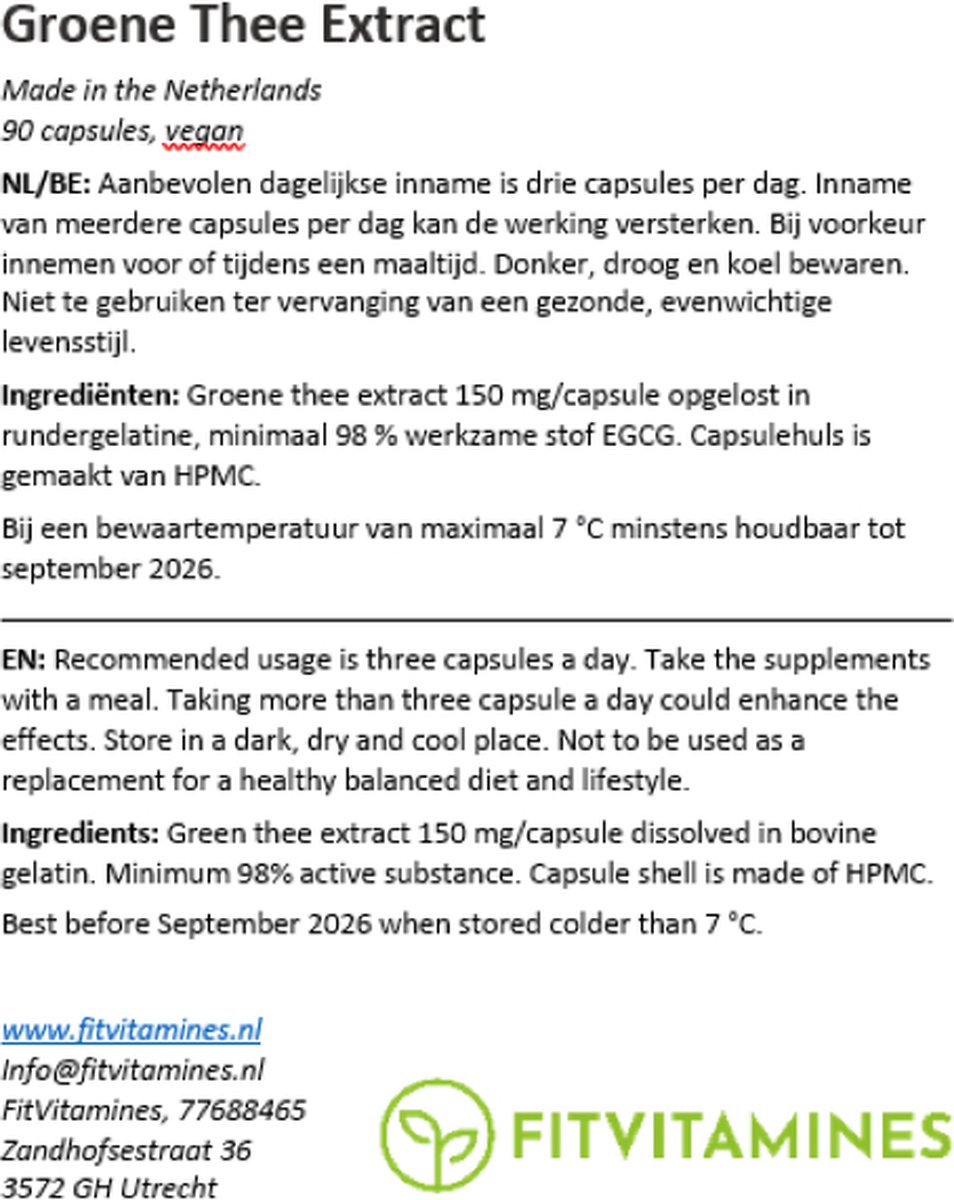 Groene Thee Extract | 150 mg EGCG 98% zuiver | 90 capsules (HPMC)