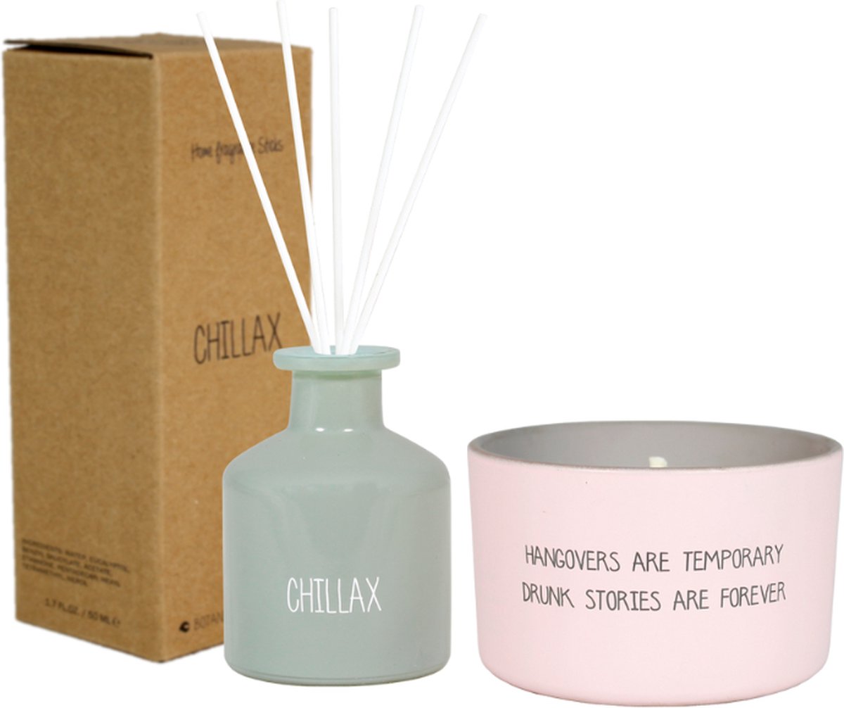 Goedkoopste My Flame Cadeauset Chillax Geurstokjes & Kaars Drunk Memories - MyFlame Kaars Buiten 'Hangovers are temporary, drunk stories are forever' - MyFlame Geurstokjes Chillax