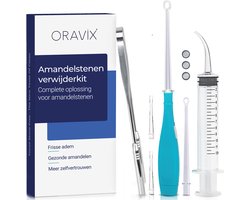 Oravix Amandelstenen Verwijder Kit - LED Tool Met 3 Mondstukken - Gebogen Spuit & RVS Tongschraper