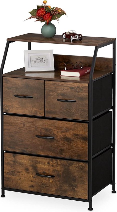 Relaxdays ladekast, 6 lades, 3 planken, boeken & decoratie, dressoir industrieel, HxBxD: 92x84x32 cm, bruin/zwart
