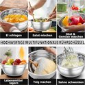 Collage de six images montrant des bols mélangeurs multifonctionnels en acier inoxydable pour battre des œufs, mélanger une salade, laver des fruits, stocker des aliments, pétrir de la pâte et fouetter de la crème.