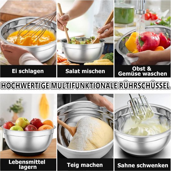Collage de six images montrant des bols mélangeurs multifonctionnels en acier inoxydable pour battre des œufs, mélanger une salade, laver des fruits, stocker des aliments, pétrir de la pâte et fouetter de la crème.