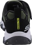 Achterkant zwarte Skechers sneaker met olijfgroene details en 'Skech-Tex' logo.