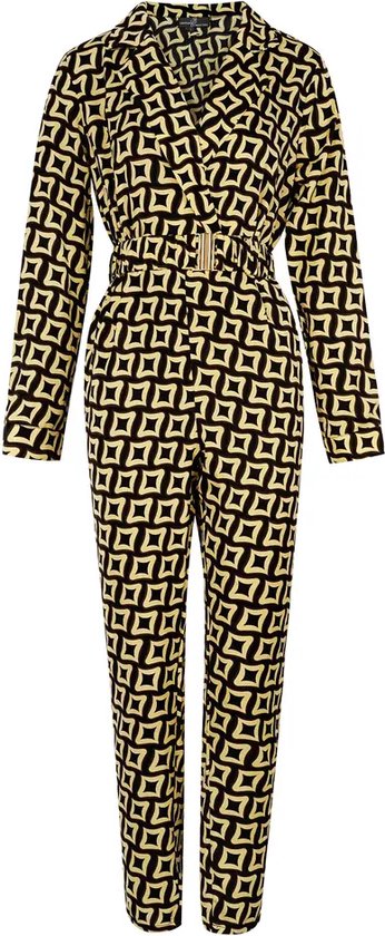 Jumpsuit retro print - ceintuur - herfst/winter - dames - zwart - maat M
