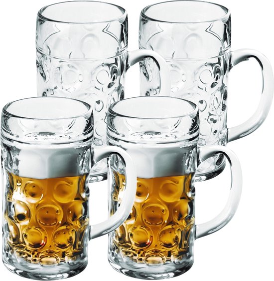 4x Bierpullen/bierglazen 1.3 liter/130 cl/1300 ml van onbreekbaar kunststof - 1.3 liter pullen - Bierfeest/Oktoberfest pul - Bierpul glazen