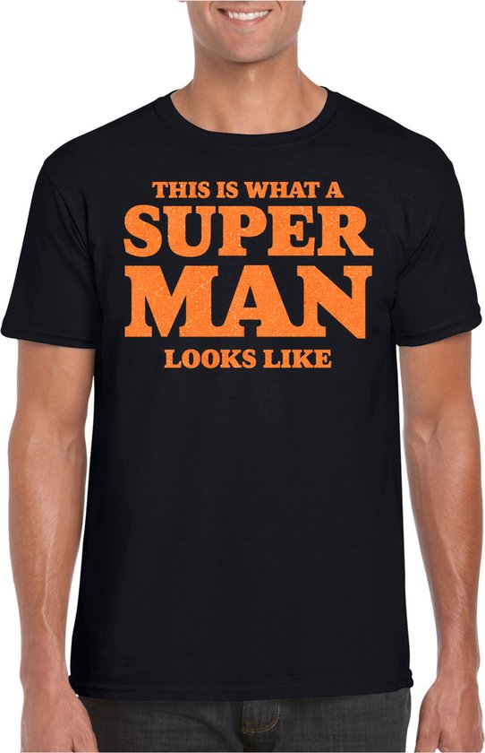 Bellatio Decorations Verkleed shirt voor heren - super man - zwart - glitter oranje - themafeest - Vaderdag S