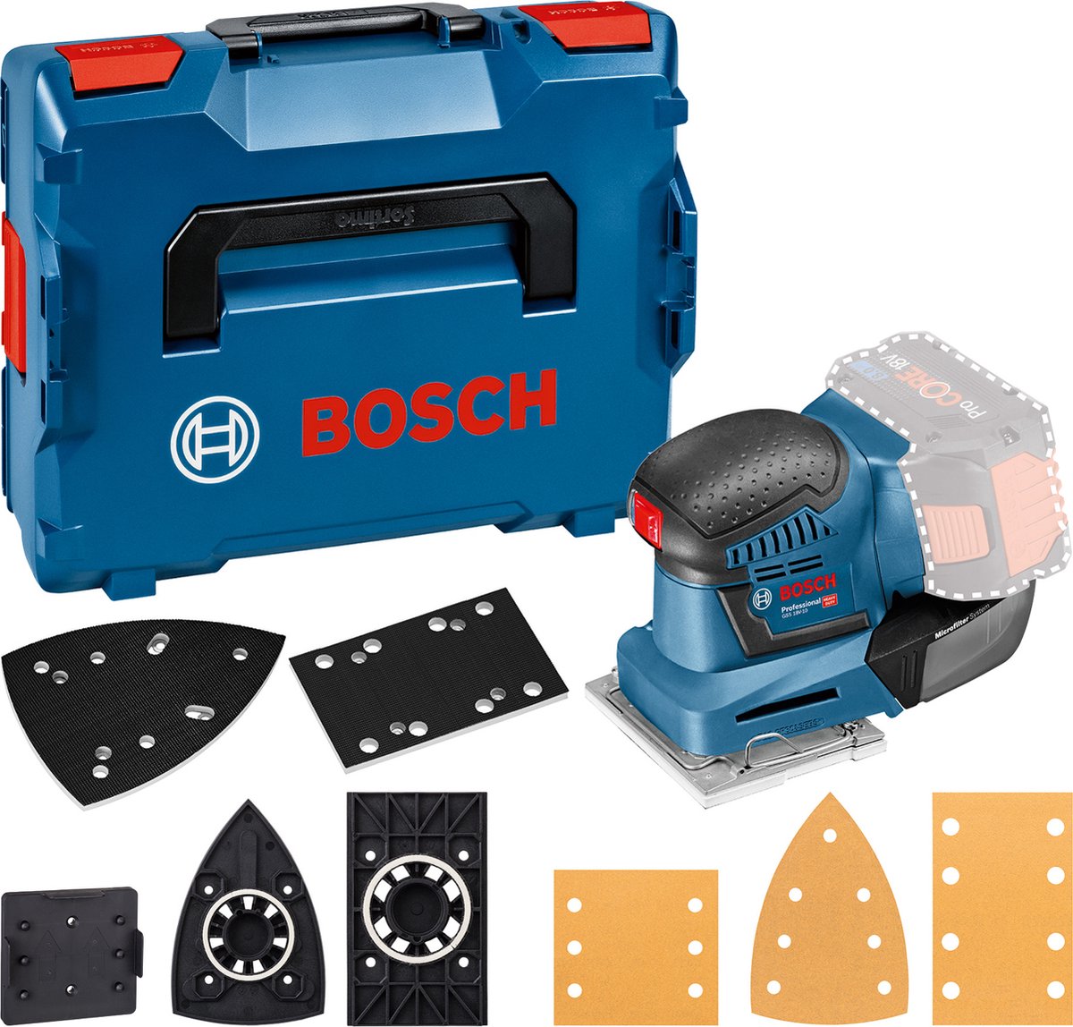 Bosch Professional GSS 18V-10 - Accu vlakschuurmachine - Exclusief Accu en Lader - Inclusief 3x voetplaat met schuurplateau - 3x schuurblad