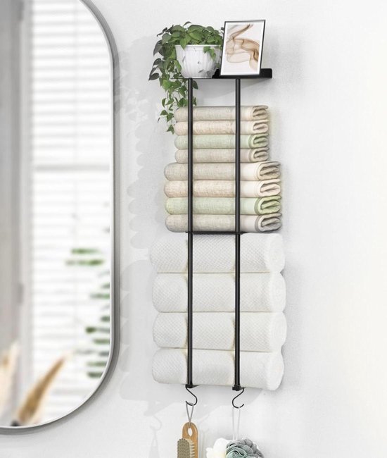 Towel Racks For Bathroom Wall Mounted, Xstydes Metal Towel Holder With Wooden Shelf For Folding Large Towels, Towel Storage For Small Bathroom Organizer Decor Or RV Camping, Black