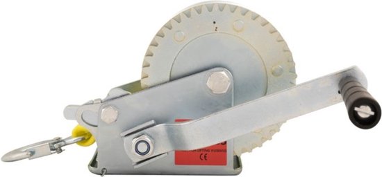 Verzinkte handlier met ratelmechanisme, zwarte handgreep en haak. Rode sticker met 'CE' erop.