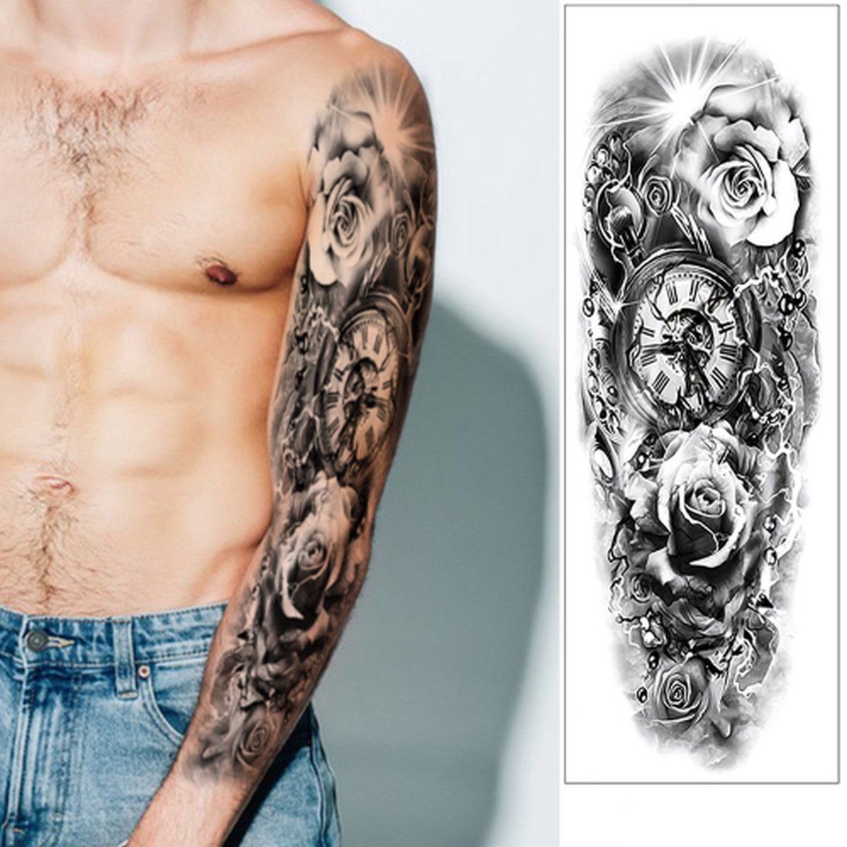 Tattoo Sleeve - Rozen Klok Bliksem Wolken - Neptattoo Lichaam en Gezicht - Tijdelijke Henna Plak Tattoos - Nep Tatoeage - Fake Temporary Tattoo - Festival Make-up Outfit Volwassenen Kinderen - Glitter Tattoo Set