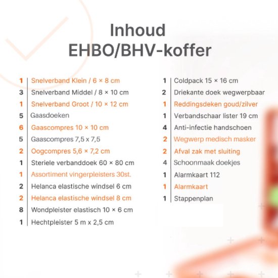 Lijst met inhoud van de EHBO/BHV-koffer, waaronder verband, kompressen, handschoenen en een alarmkaart.